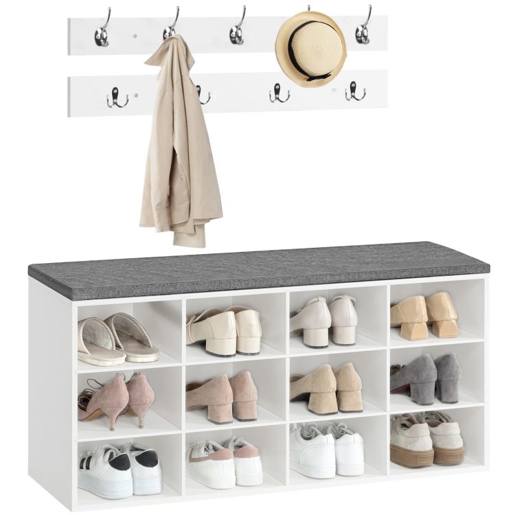 HOOBRO Garderobe Schuhregal Set, Schuhbank mit 12 Fächern, Schuhregal mit gepolsterter Sitzbank, Wandgarderobe mit 9 Haken, Schuhschrank für Flur, Eingangsbereich Schlafzimmer