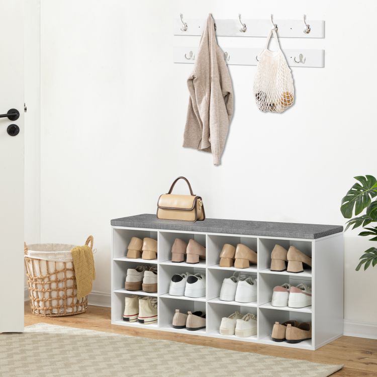HOOBRO Garderobe Schuhregal Set, Schuhbank mit 12 Fächern, Schuhregal mit gepolsterter Sitzbank, Wandgarderobe mit 9 Haken, Schuhschrank für Flur, Eingangsbereich Schlafzimmer