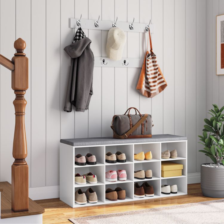 HOOBRO Garderobe Schuhregal Set, Schuhbank mit 12 Fächern, Schuhregal mit gepolsterter Sitzbank, Wandgarderobe mit 9 Haken, Schuhschrank für Flur, Eingangsbereich Schlafzimmer