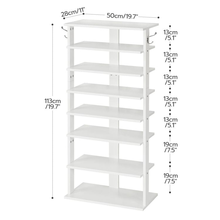 HOOBRO 8-lagiges Schuhregal, schmales Schuhablage, 50 cm Schuhschrank mit 2 Haken, Ablagegestelle, platzsparend, Eingang, Wohnzimmer