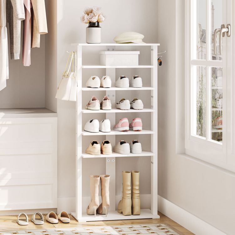 HOOBRO 8-lagiges Schuhregal, schmales Schuhablage, 50 cm Schuhschrank mit 2 Haken, Ablagegestelle, platzsparend, Eingang, Wohnzimmer