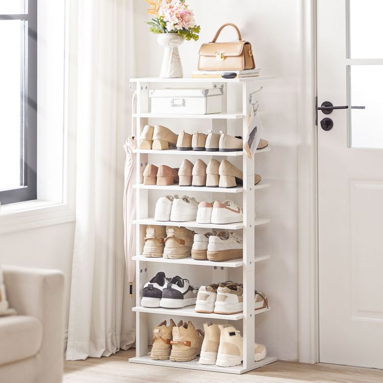 HOOBRO 8-lagiges Schuhregal, schmales Schuhablage, 50 cm Schuhschrank mit 2 Haken, Ablagegestelle, platzsparend, Eingang, Wohnzimmer