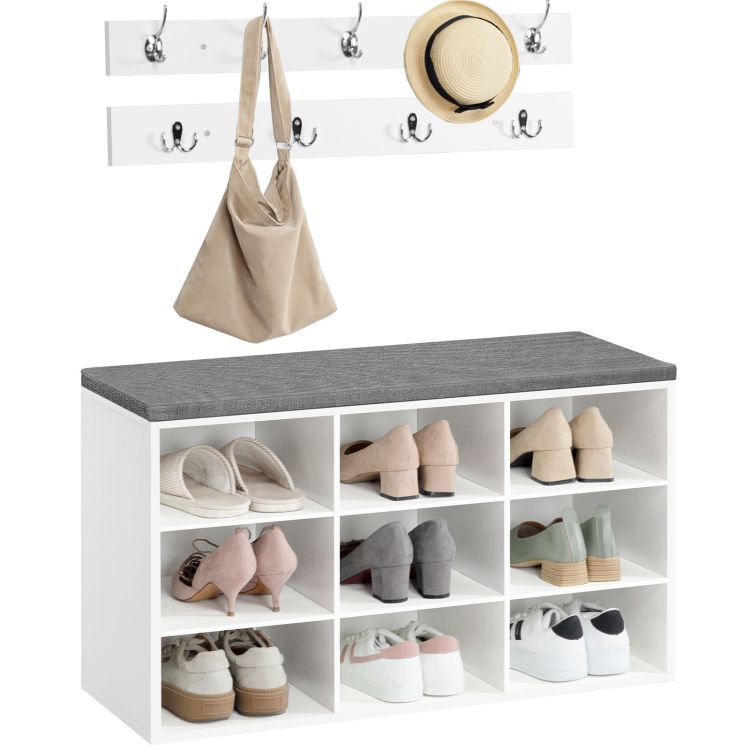 HOOBRO Garderobe Schuhregal Set, Schuhbank mit 9 F Cher, Schuhregal mit gepolsterter Sitzbank, Wandgarderobe mit 9 Haken, Schuhschrank f r Flur, Eingangsbereich