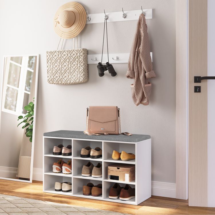 HOOBRO Garderobe Schuhregal Set, Schuhbank mit 9 F Cher, Schuhregal mit gepolsterter Sitzbank, Wandgarderobe mit 9 Haken, Schuhschrank f r Flur, Eingangsbereich