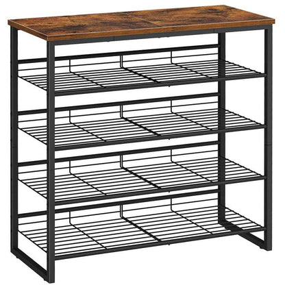 A 4-tier shoe rack with a rustic brown wood-grain top and a black metal frame and wire shelves, shown on a plain white background.