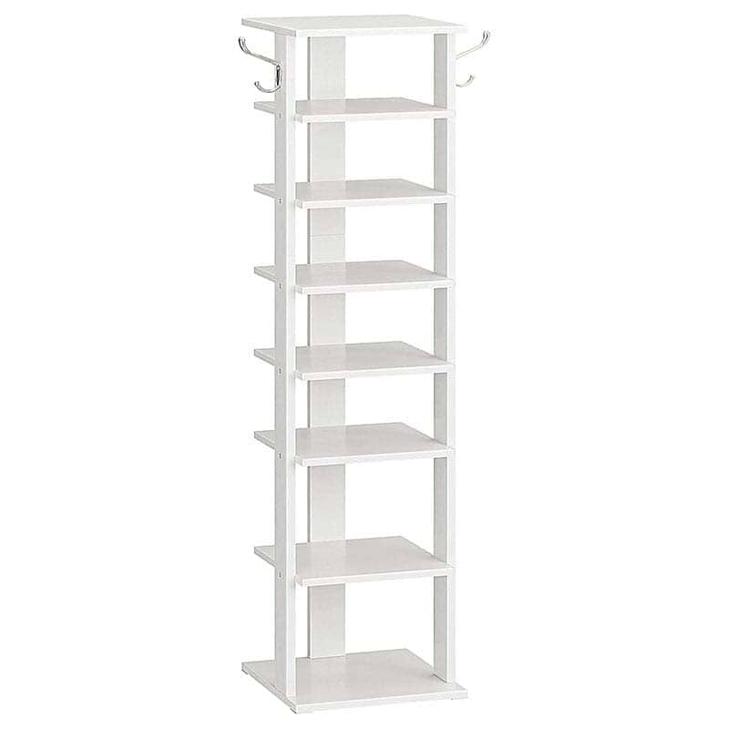 A tall white 8-tier shoe rack with two metal coat hooks on the top shelf, shown against a plain white background.