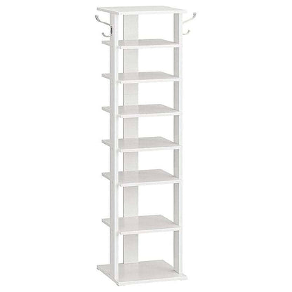 A tall white 8-tier shoe rack with two metal coat hooks on the top shelf, shown against a plain white background.