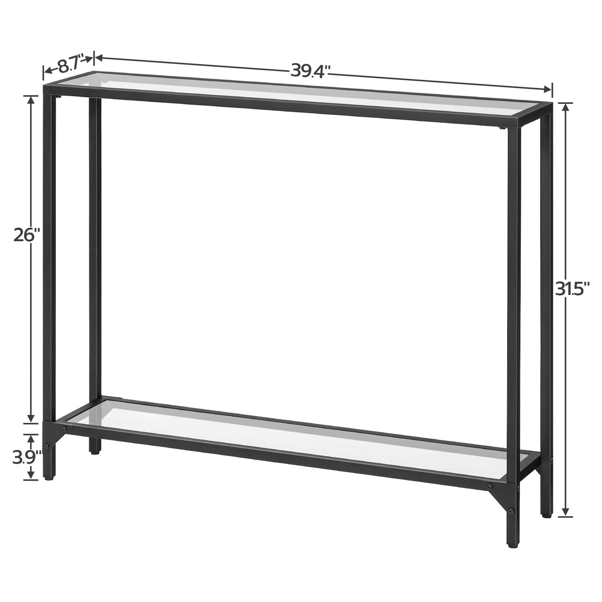 Console table with dimensions on a white background