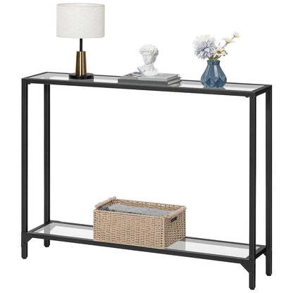 Console table with glass top and metal frame, featuring decorative items on a white background.