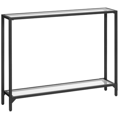 Console table with glass top and black metal frame on a white background