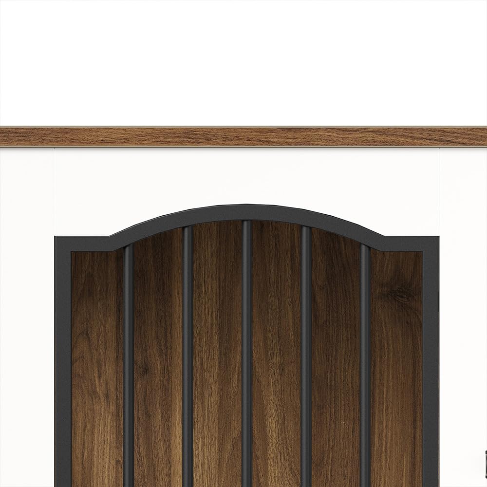 Wooden door with metal bars and a wooden frame on a white background