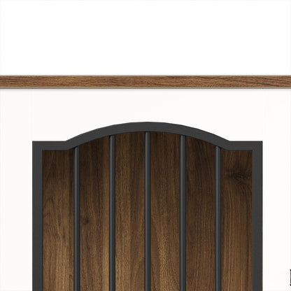 Wooden door with metal bars and a wooden frame on a white background