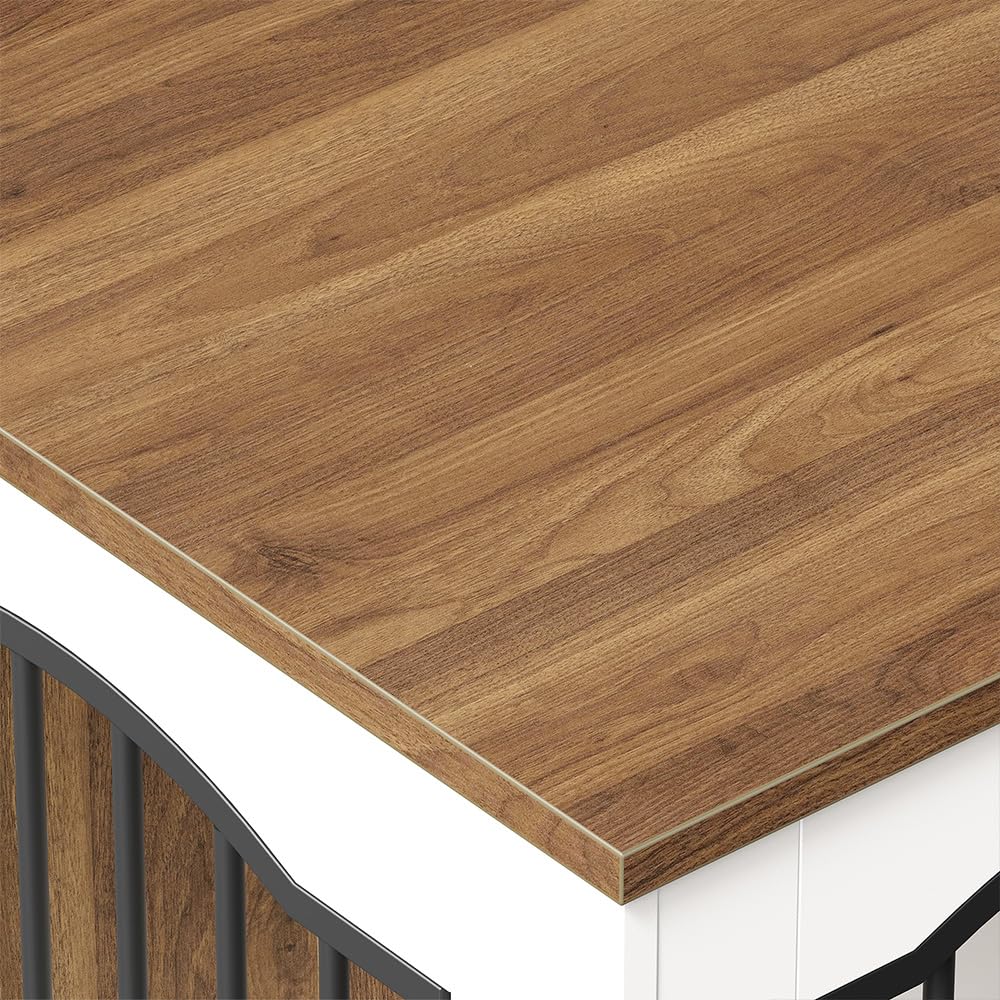 Close-up of a wooden table surface with a white base