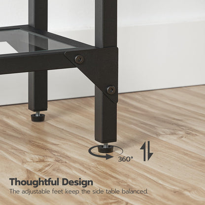 Close-up of a side table's adjustable feet on a wooden floor with text 'Thoughtful Design'.