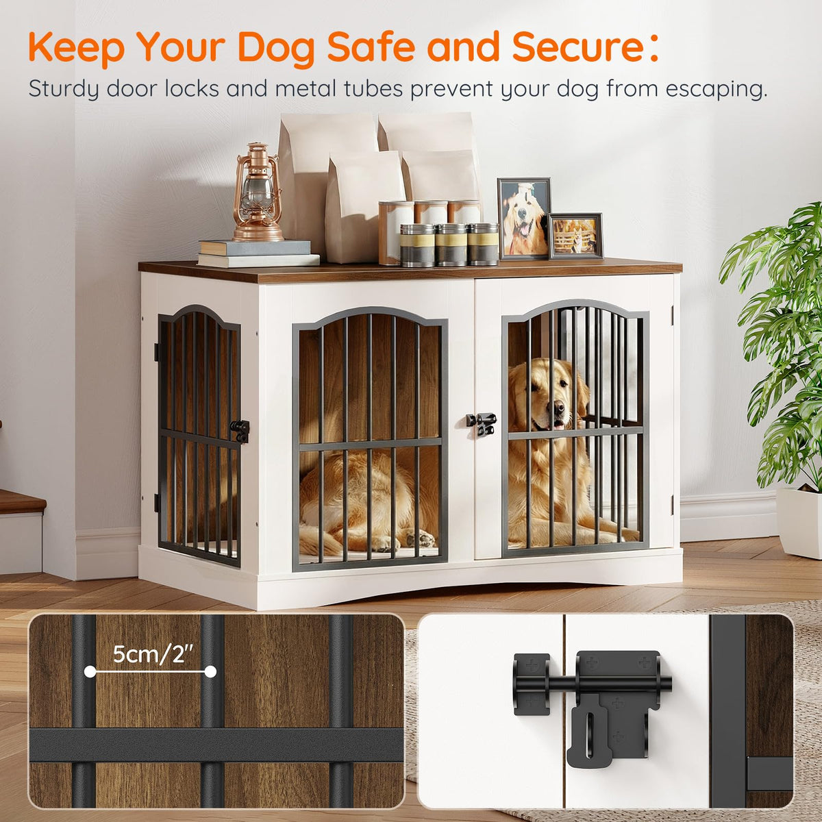 Dog crate with metal bars in a home setting, featuring text about safety and security.