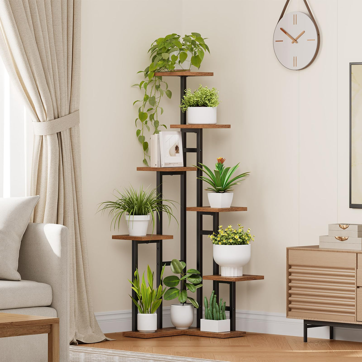 Decorative shelf with plants in a living room setting