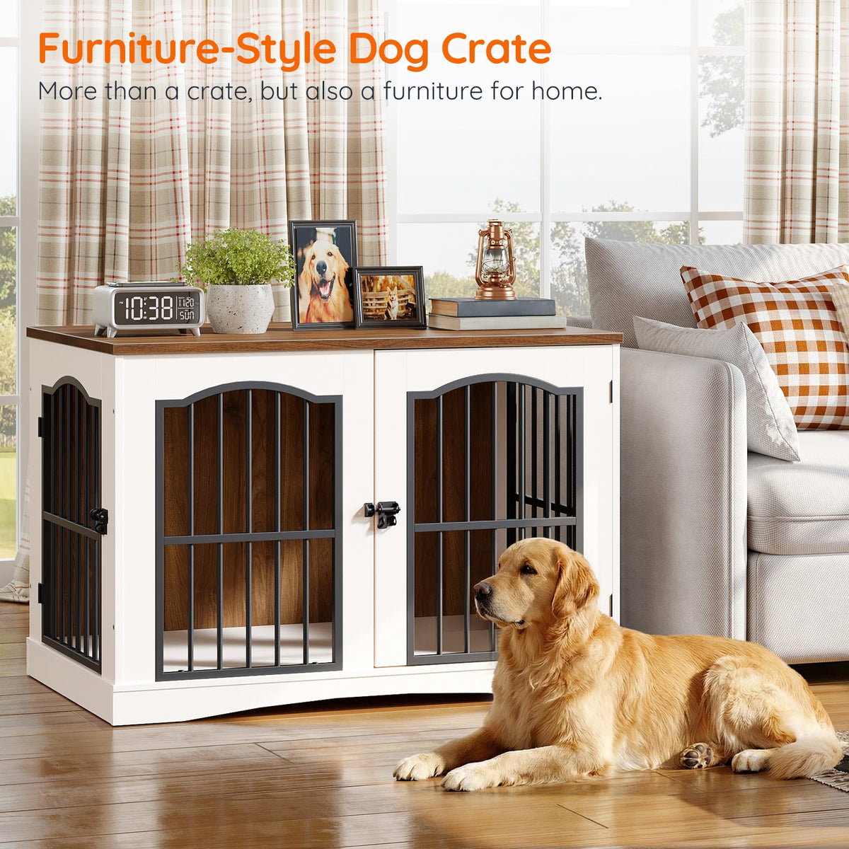 Furniture-style dog crate in a home setting with a dog sitting on the floor.