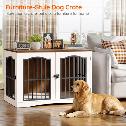 Furniture-style dog crate in a home setting with a dog sitting on the floor.