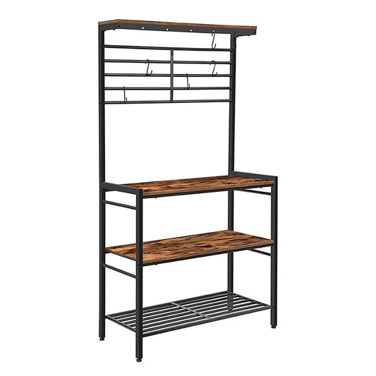 HOOBRO Bäcker Rack mit hohem Display Regal, Küche Mikrowelle Stand, Aufbewahrungsregal mit 2 Holzregalen und Mesh Panel, Kücheninsel Rack mit 6 Haken, justierbare Füße