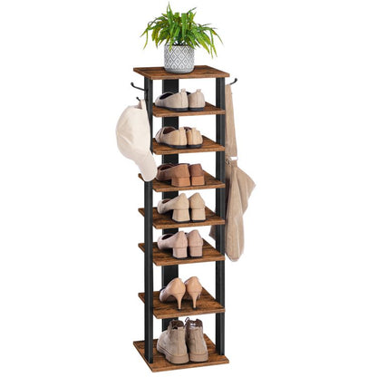 HOOBRO 8-lagiges Schuhregal, schmales Schuhablage, Schuhschrank mit 2 Haken, Ablagegestelle, platzsparend, Stabil, für Eingang, Wohnzimmer, Schlafzimmer