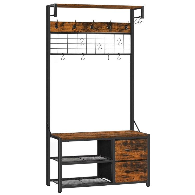 HOOBRO Garderobenständer, Schuhregal mit Garderobe, Garderobe mit Sitzbank, Eingangsmöbel mit Haken und Schubladen aus Vliesstoff, für Wohnzimmer, Flur
