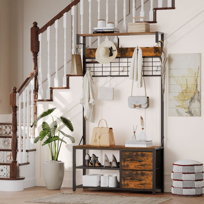 HOOBRO Garderobenständer, Schuhregal mit Garderobe, Garderobe mit Sitzbank, Eingangsmöbel mit Haken und Schubladen aus Vliesstoff, für Wohnzimmer, Flur