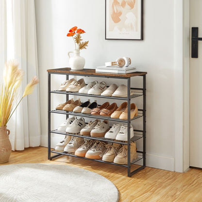 HOOBRO Schuhregal, 5-lagiger Schuhschrank, verstellbare Schuhablage, flach oder neigbar, für 12-16 Paar, stabil, für Eingang, Flur, Wohnzimmer, Schlafzimmer, Vintage