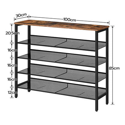 Schuhregal, 5-lagiges Schuhschrank, Verstellbares Schuhablage, Flach und Neigbar, 100 x 30 x 85 cm, Stabil, Metall, Eingang, Korridor, Industrie