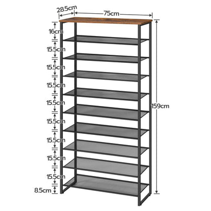 HOOBRO Schuhregal mit 10 Ebenen, Schuhschrank hoch, Schuhablage schmal, Schuhaufbewahrung, Metall, für 32-40 Paar Schuhe, Platz Sparen, für Flur, Wohnzimmer