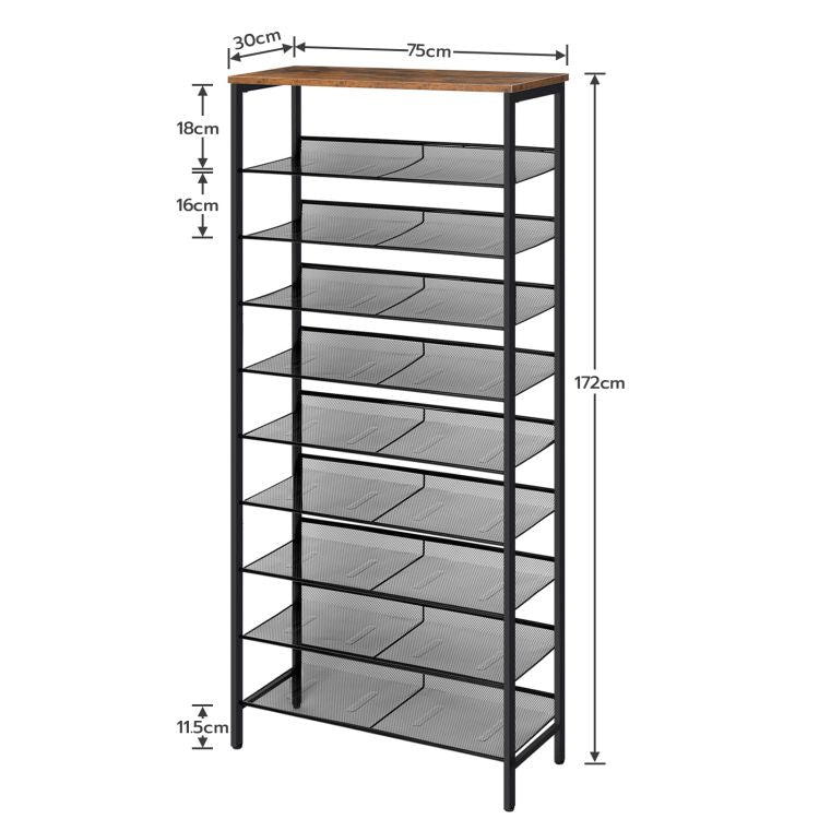 HOOBRO Schuhregal, 10-stöckige hoch Schuhablage, großer Schuhschrank, für 27-36 Paar Schuhe, mit flachen und neigbaren Metallregalen, platzsparend, für Flur, Dunkel