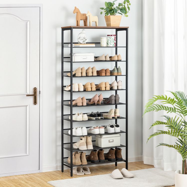 HOOBRO Schuhregal, 10-stöckige hoch Schuhablage, großer Schuhschrank, für 27-36 Paar Schuhe, mit flachen und neigbaren Metallregalen, platzsparend, für Flur, Dunkel