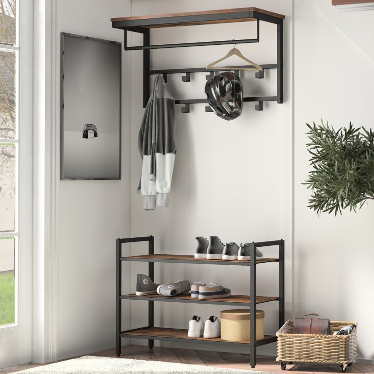 HOOBRO Wandgarderobe mit 10 Haken und Regal, Schienen, geeignet für Flur, Wohnzimmer, Schlafzimmer, Badezimmer, Industriestil