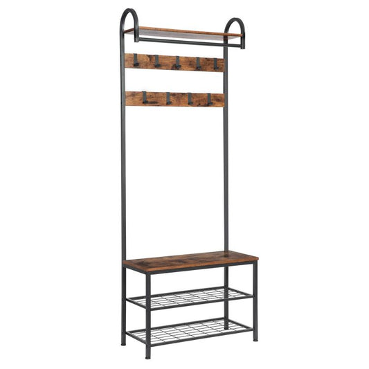 HOOBRO Garderobe, Garderobenständer, Schuhregal mit Sitzfläche, Kleiderständer mit 9 Haken, Sitzbank, Kleiderstange, 182 cm hoch, Flur, Wohnzimmer, Metallrahmen