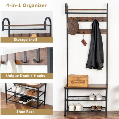 HOOBRO Garderobe, Garderobenständer, Schuhregal mit Sitzfläche, Kleiderständer mit 9 Haken, Sitzbank, Kleiderstange, 182 cm hoch, Flur, Wohnzimmer, Metallrahmen