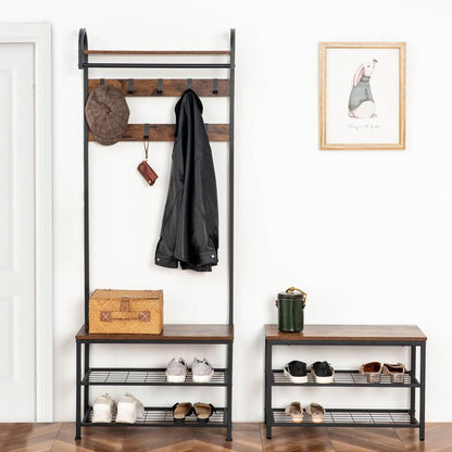 HOOBRO Garderobe, Garderobenständer, Schuhregal mit Sitzfläche, Kleiderständer mit 9 Haken, Sitzbank, Kleiderstange, 182 cm hoch, Flur, Wohnzimmer, Metallrahmen