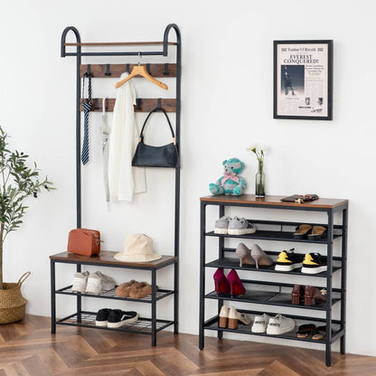 HOOBRO Garderobe, Garderobenständer, Schuhregal mit Sitzfläche, Kleiderständer mit 9 Haken, Sitzbank, Kleiderstange, 182 cm hoch, Flur, Wohnzimmer, Metallrahmen