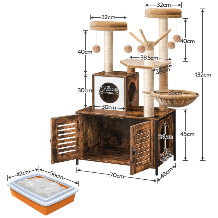 HOOBRO kratzbaum mit katzenklo Schrank, katzenbaumTurm, All-in-One-Katzenmöbel für drinnen, versteckte Katzentoilettenmöbel, 132 cm, Abnehmbare Plüschball-Stangen