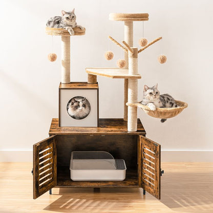 HOOBRO kratzbaum mit katzenklo Schrank, katzenbaumTurm, All-in-One-Katzenmöbel für drinnen, versteckte Katzentoilettenmöbel, 132 cm, Abnehmbare Plüschball-Stangen