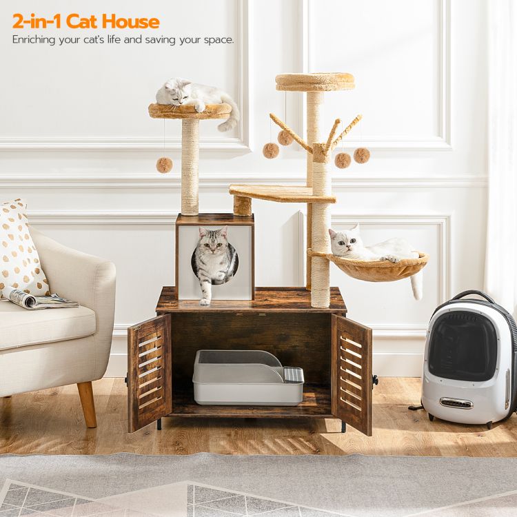 HOOBRO kratzbaum mit katzenklo Schrank, katzenbaumTurm, All-in-One-Katzenmöbel für drinnen, versteckte Katzentoilettenmöbel, 132 cm, Abnehmbare Plüschball-Stangen