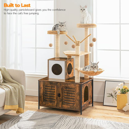 HOOBRO kratzbaum mit katzenklo Schrank, katzenbaumTurm, All-in-One-Katzenmöbel für drinnen, versteckte Katzentoilettenmöbel, 132 cm, Abnehmbare Plüschball-Stangen