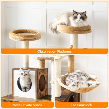 HOOBRO kratzbaum mit katzenklo Schrank, katzenbaumTurm, All-in-One-Katzenmöbel für drinnen, versteckte Katzentoilettenmöbel, 132 cm, Abnehmbare Plüschball-Stangen