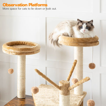 HOOBRO kratzbaum mit katzenklo Schrank, katzenbaumTurm, All-in-One-Katzenmöbel für drinnen, versteckte Katzentoilettenmöbel, 132 cm, Abnehmbare Plüschball-Stangen