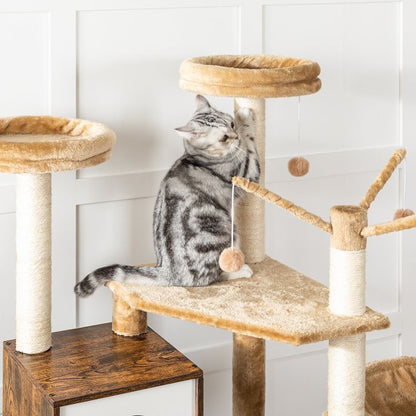 HOOBRO kratzbaum mit katzenklo Schrank, katzenbaumTurm, All-in-One-Katzenmöbel für drinnen, versteckte Katzentoilettenmöbel, 132 cm, Abnehmbare Plüschball-Stangen