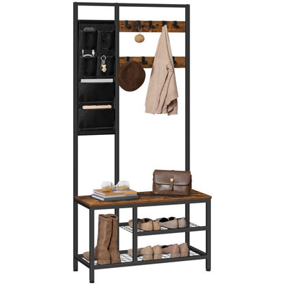 HOOBRO Garderobenständer, Garderobe, Kleiderständer mit 6 staschen und 9 Haken, Schuhregal mit Sitzfläche, Sitzbank, Viel Stauraum, für Flur, Wohnzimmer