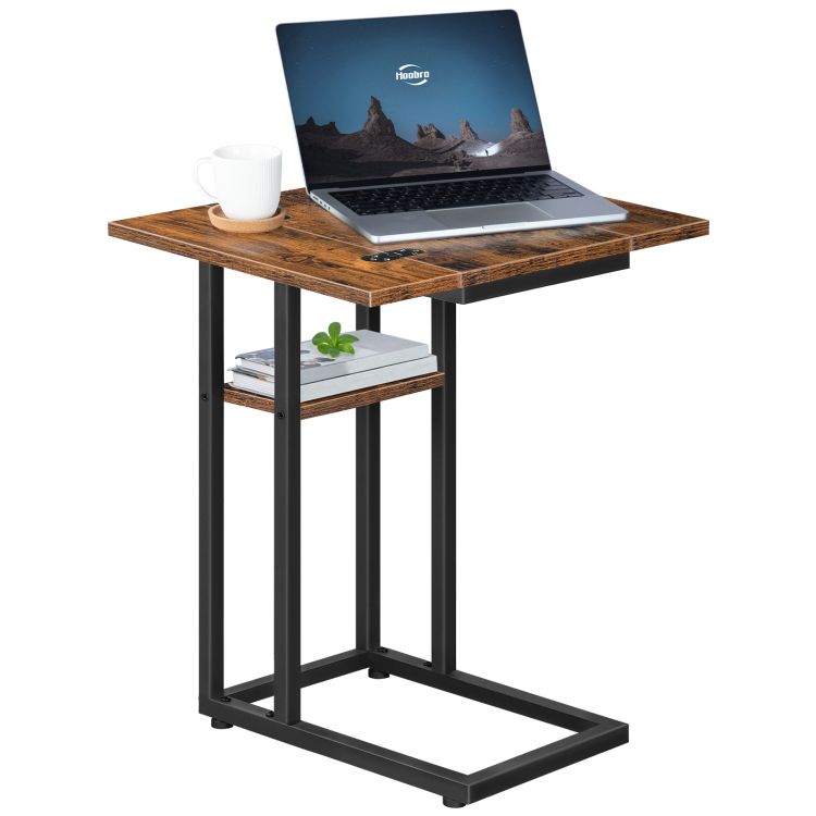 HOOBRO C-Form Beistelltisch, Klappbarer Sofatisch, Couchtisch, Kaffeetisch Snacktisch mit Lagerregal, Schmaler Nachttisch für Wohnzimmer, Schlafzimmer, Metallrahmen