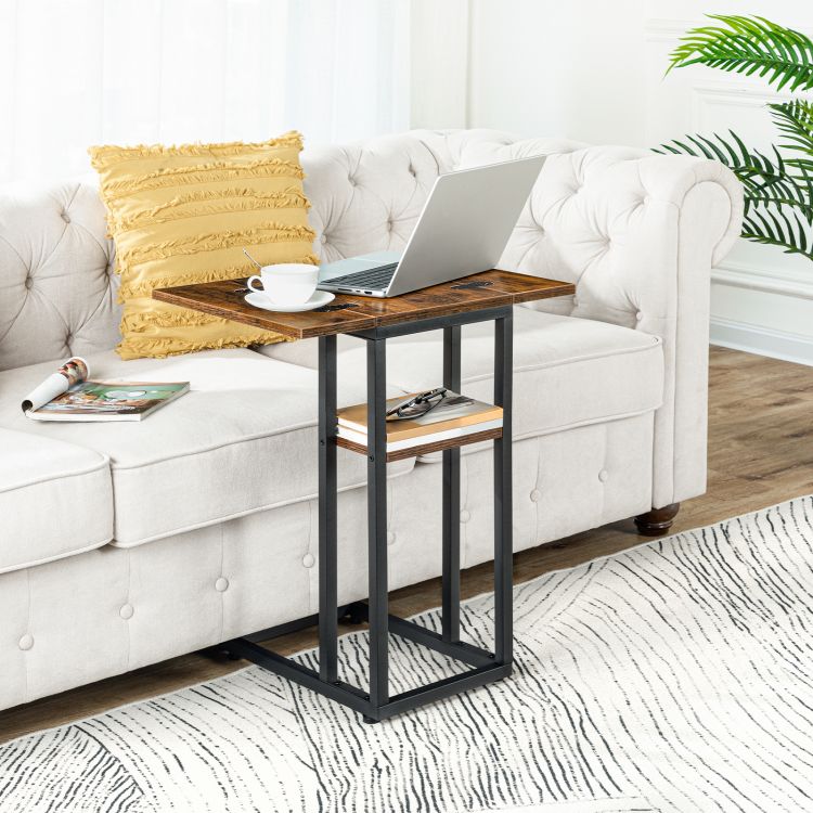 HOOBRO C-Form Beistelltisch, Klappbarer Sofatisch, Couchtisch, Kaffeetisch Snacktisch mit Lagerregal, Schmaler Nachttisch für Wohnzimmer, Schlafzimmer, Metallrahmen