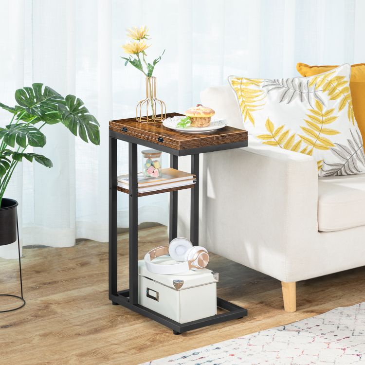 HOOBRO C-Form Beistelltisch, Klappbarer Sofatisch, Couchtisch, Kaffeetisch Snacktisch mit Lagerregal, Schmaler Nachttisch für Wohnzimmer, Schlafzimmer, Metallrahmen