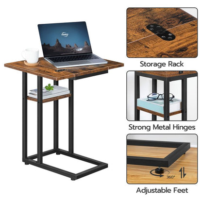 HOOBRO C-Form Beistelltisch, Klappbarer Sofatisch, Couchtisch, Kaffeetisch Snacktisch mit Lagerregal, Schmaler Nachttisch für Wohnzimmer, Schlafzimmer, Metallrahmen