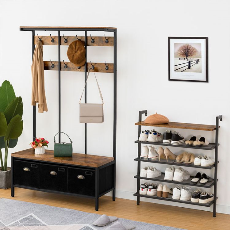 HOOBRO Garderobenständer, Große Garderobe, Kleiderständer mit 12 Haken, Sitzfläche mit 3 Aufbewahrungsbox, Schuhbank, Stabil, Industrie, für Eingangsbereich, Wohnzimmer, Schlafzimmer