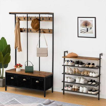 HOOBRO Garderobenständer, Große Garderobe, Kleiderständer mit 12 Haken, Sitzfläche mit 3 Aufbewahrungsbox, Schuhbank, Stabil, Industrie, für Eingangsbereich, Wohnzimmer, Schlafzimmer